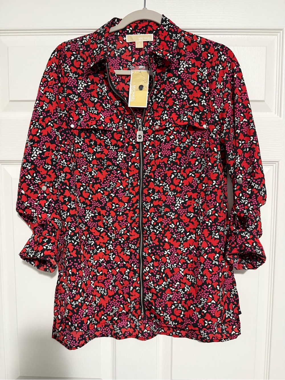 Michael Kors Floral Zip-Front Utility Jacket in Red, Black and Pink